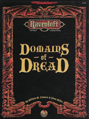 The cover of the Ravenloft book Domains of Dread, a black cover with red detailing and yellow gothic lettering with the book title. 