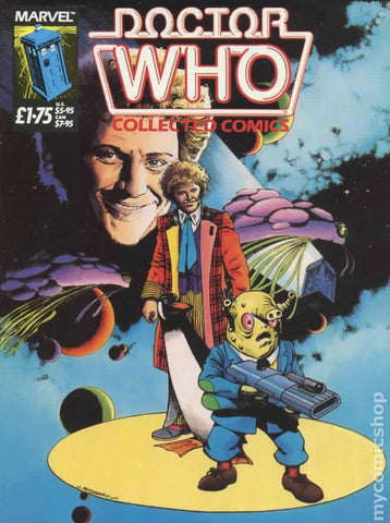 A cover of a Dr. Who comic book. It shows the 6th doctor's face merged with a space background, behind the 6th Doctor standing with a small green alien. The logo for Doctor Who floats above them. 