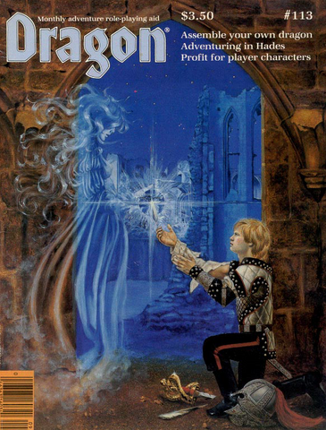 The cover of Dragon Magazine 113. It shows a young blond man in armor kneeling in front of a ghostly woman. She appears to be granting him a magical blessing