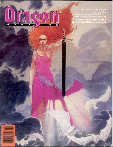 The cover of Dragon Magazine 134. It shows a red-haired woman in a pink dress standing in the clouds holding a longsword.