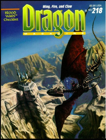 The cover of Dragon Magazine 218. It shows a skeletal dragon flying around a mountaintop, with the title of magazine in green at the top of the image