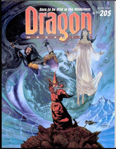 The cover of Dragon Magazine 205, which shows a wizard against a massive wave, with a floating woman in a white shift and a warrior floating near him