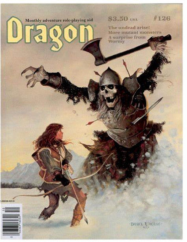 A cover of Dragon Magazine. It shows a woman wearing armor in the snow, apparently fighting a monster or ghost of some kind, which is leaping at her with an axe. The Dragon Magazine logo is above them in yellow