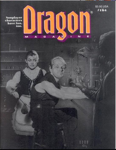 The cover illustration of Dragon Magazine #184. It shows a man and a woman leaning against a tavern bartop, evidently speaking with a robed and hooded figure who is facing away from the viewer