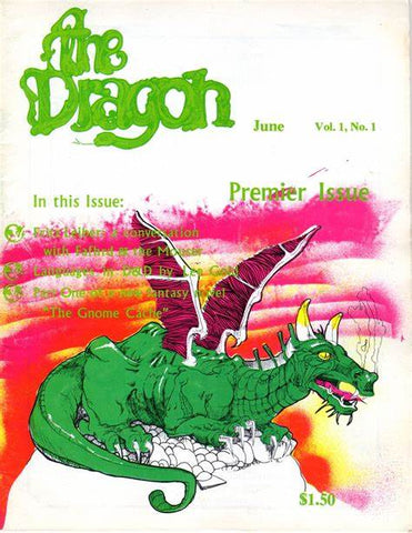 The cover of Dragon Magazine #1. It shows a green dragon with purple wings in front of a pink and red scribbled background. The Name "The Dragon" is above this in green font