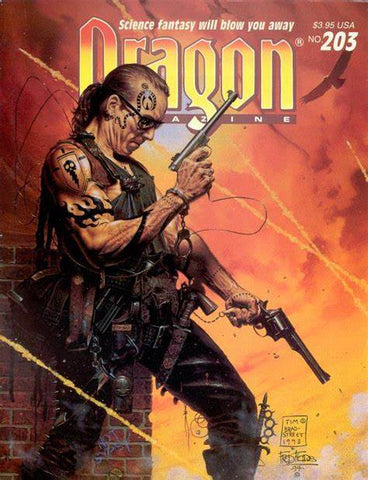 The cover of Dragon Magazine #203. It shows a man in modern clothing, carrying several guns in front of a wall and an explosion. 