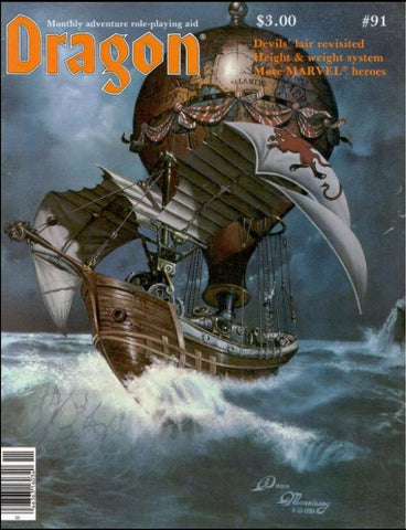 The cover illustration for Dragon Magazine 91. It shows a ship on a choppy sea, buoyed by a hot air balloon attached to the ship, with a white flag with a stylized lion in red waving on the sails