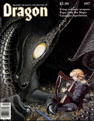 A cover from Dragon Magazine. It shows a small adventurer with a lute in front of a large dragon with glowing eyes. The adventurer is apparently singing or playing to the dragon. 