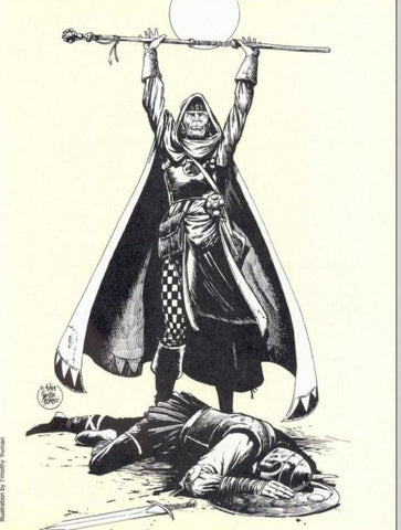 An illustration from Dragon Magazine, showing a cleric in a cloak and tunic holding a staff aloft over a fallen man