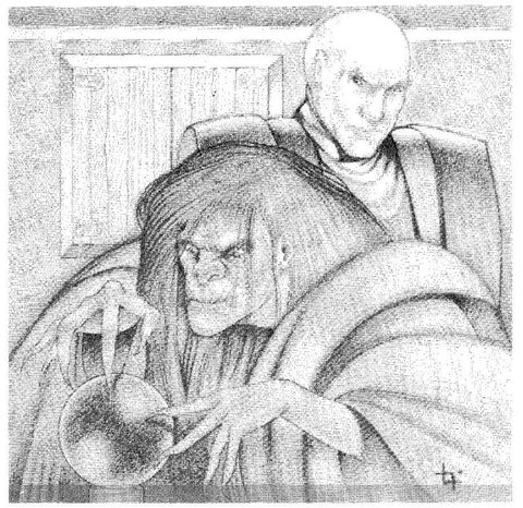 A back and white illustration of a man in priests robes standing over the shoulder of a man in heavy robes hunched over a crystal ball