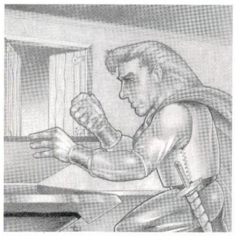 A black and white illustration of a man with a mullet and pointed ears picking something up, evidently in the process of stealing it. 