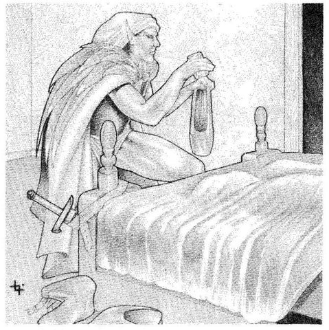 A black and white illustration of a man in a cloack with long hair kneeling at the end of a bed, putting something in a small bag