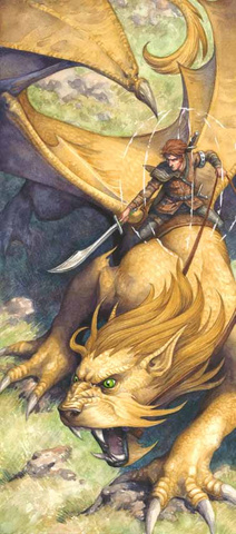 An illustration of a beast with a lion's body and draconic wings being ridden by a warrior in leather armor, holding a spear