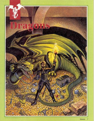 An illustration from The Dragons Bestiary in Dragon Magazine. It shows a man in dark armor standing on a pile of gold, holdinga  torch in front of a large green dragon