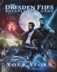 The cover of the Dresden Files Roleplaying Game. It depicts a number of people holding weaponry and casting spells against an urban background with blue and red lights and a large full moon