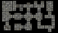 A photo of a dungeon made by placing dungeon tiles connected to each other. There are several different squares and rectangles in grey, with smaller square grids overlaid on top