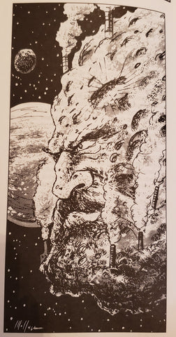A black and white illustration of an asteroid in space, with a dwarven face carved across the side. 