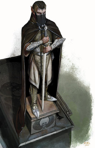 An illustration of an elf in chainmail and a long black cloak, holding a sword in front of them as though they are a statue, atop of plinth