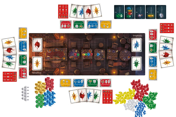 A photo of the play layout of The Yawning Portal Game, with a long board in the middle, and various cards and gemstone tokens surrounding the board