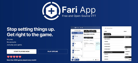 A screenshot of the Fari login screen, showing an example of how the site is laid out, the title of the site, and two buttons directing the user to either play offline or start a game.