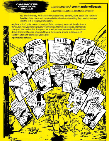 A page from Fatal Familiar, showing various types of skills that you might have in the game with small black and white illustrations against a yellow background