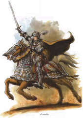 A drawing of a Human Cavalier, a knight on horseback, from the 3e prestige class Cavalier. The knight and the horse are in heavy armor, positioned as though they are charging into battle. 