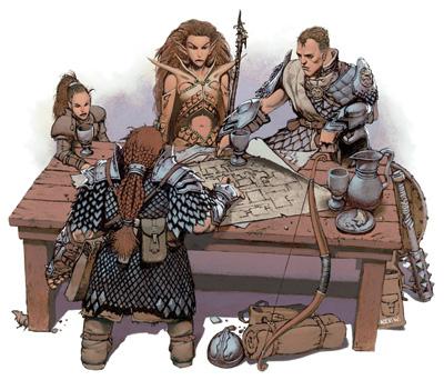 A scan of a piece of art from the 3e player's handbook. It features an adventuring party, including a dwarf, an elf, a halfling, and a human gathered around a table strewn with maps, all in various types of medieval armor.