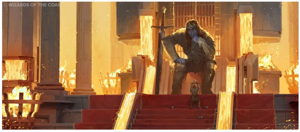 An illustration of a large, scarlet-skinned giant sitting on a throne in throne room that appears to mostly be made out of gold. The giant sits leaning forward, as though he is considering the smaller figure reaching up toward him. 