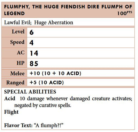 A statblock for Flumph, the Huge Fiendish Dire Flumph of Legend. This lists the creature as level 6, with a speed of 4, an AC of 14, 85 HP, with a +10 Melee attack and a +5 ranged attack, each of which deal 10 damage. 