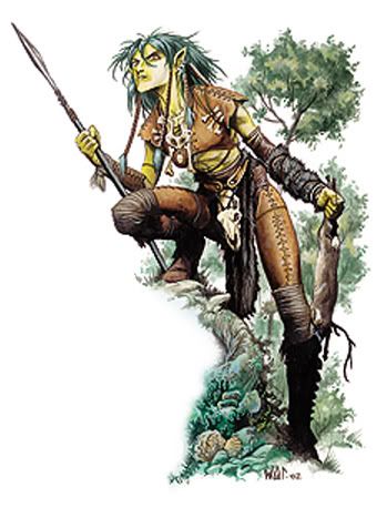 An illustration of a forest giant from 3e dnd. It appears to be a large, green skinned and haired woman wearing leather armor and holding a spear, leaning forward with one foot propped on a hill. 