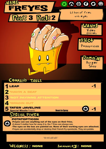 A familiar stat block for a monster called Freyes, who appears to be a carton of fries with a small cartoon face, and eyeballs positioned along the fries. 
