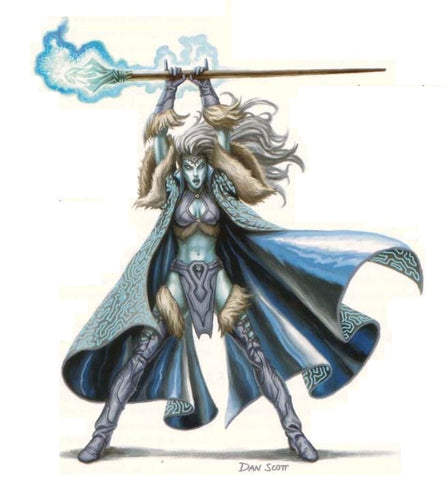 An illustration of a Frost Mage, a blue skinned woman in a chainmail bikini and a blue cloak, holding a staff with blue magical energy around its end aloft above her head