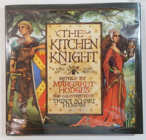 A cover for a version of The Kitchen Knight. It shows a young man in armor with a colorful shield, standing across from a haughty looking woman in a red dress with long hair