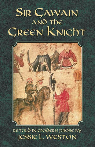 A cover for a translation of Gawain and the Green Knight. The cover is green, with a medieval illumination pictured in the center of the cover