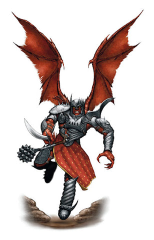 An image of the example art for Geomancers. It appears to be a demonic looking humanoid, with red skin, wings, and claws, wearing metal armor and descending from the sky