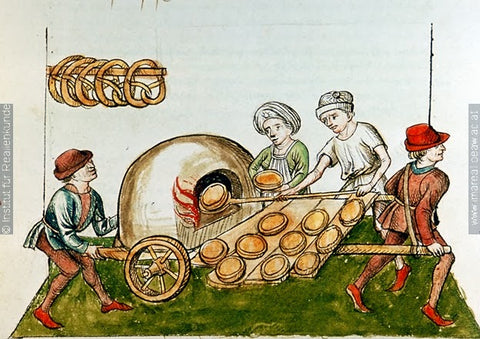 A medieval illumination of several bakers putting bread into a clay oven using a large wooden spatula. They stand on a green floor and wear colorful tunics