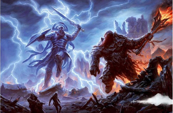 An illustration from Dungeons and Dragons of 2 giants fighting. They appear to be a storm giant and a fire giant, with one blue skinned and white haired giant wielding lightning, and a scarlet skinned and orange haired giant wielding a staff with fire glowing on the end. 