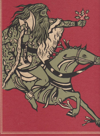 A photo of the back cover of a version of Sir Gawain and the Green Knight. It depicts a stylized Green Knight in robes, with a long beard and holding a sprig of mistletoe, riding on a green horse. It is running to the right. 