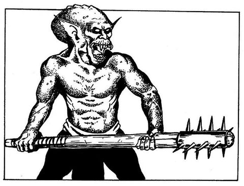 An illustration of Daknurak in black and white. He looks like an oddly humanoid kobold with pointed ears, wearing black pants and holding a spiked greatclub