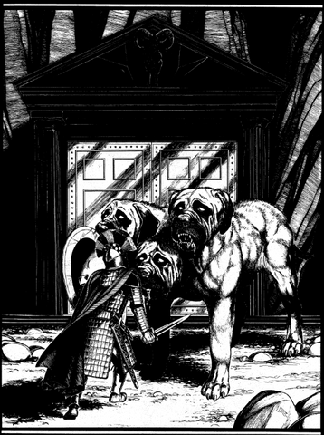 The cover illustration for Welcome to Hades. It shows a black and white illustration of a gracian warrior approaching the gates to hades, with a 3 headed dog that looks like a pitbull guarding the gates