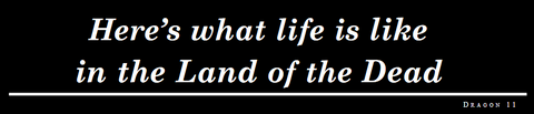 A subheader used in Welcome to Hades. It shows the words "Here's what life is like in the Land of the Dead" in white agaisnt a black background