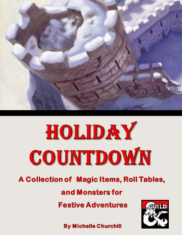 The cover of Holiday Countdown, a supplement available on DMsguild. The top of the image is a castle wall with snow on its roof, while the bottom contains the name and information of the file, and the DMsguild logo