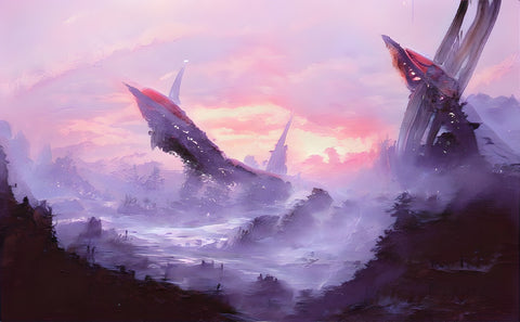 An illustration of futuristic-looking buildings emerging out of a misty landscape, against a purple-ish sky