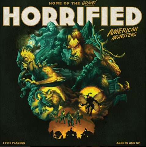 The box cover for Horrified: American Monsters. The art shows several cryptids, including mothman, bigfoot, the cupacabra, and the banshee of the badlands in green and yellow light against a black background