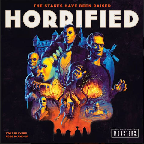The box art for the game Horrifed. It shows several monsters, including Dracula, the Wolfman, the Mummy, Frankenstein, and Frankenstein's bride against a black background
