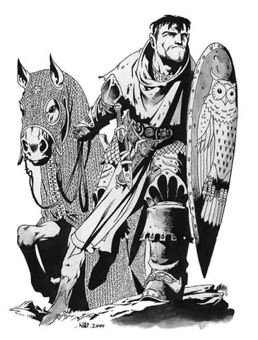 A black and white drawing of a human knight in front of a horse. Both the knight and the horse are draped in chainmaille, and the knight is carrying both a sword and shield.