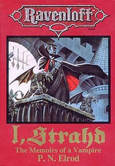 The cover of the novel I, Strahd. It features a traditional looking vampire perched by a gargoyle on a stone castle