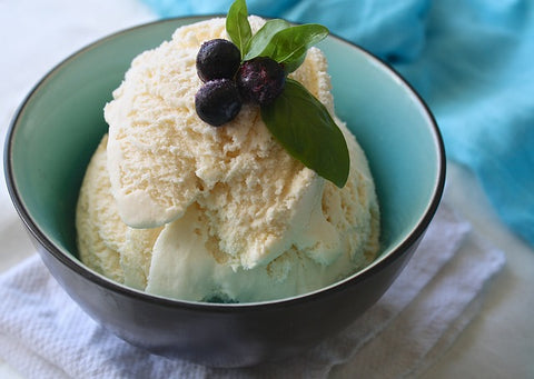 A photo of a bowl of white ice cream topped with leaves and blue berries against a blue and white table
