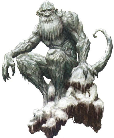 An illustration of an Immoth, a humanoid creature that looks to be made of white crystal or ice, with a curving tail, claw like hands, and a white beard, sitting on snowy rocks. 