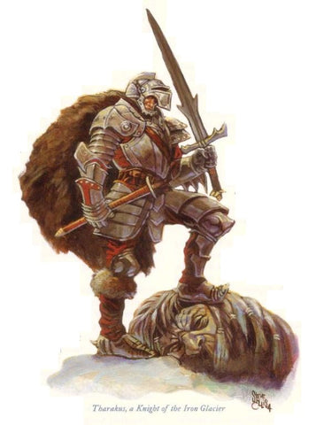 An illustration of a Knight of the Iron Glacier, a man in red metal armor and a fur cloak, weilding above the head of a slain frost giant